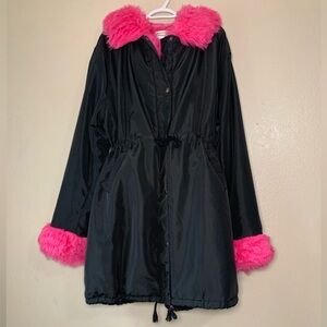 ROIIII Black Pink Faux Fur Snap Front Hooded Barbie Whimsigoth Parka Size 3X